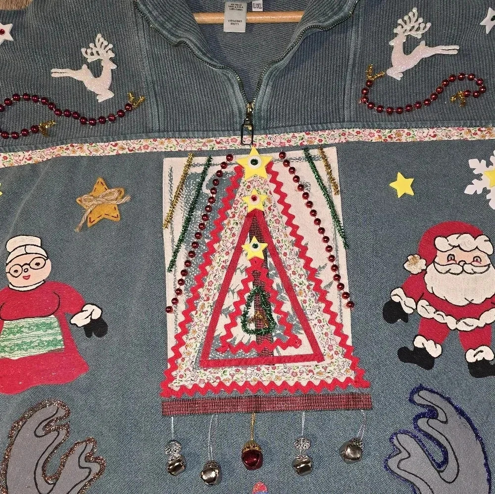 1 of a Kind Custom Handmade Ugly Christmas Sweater Bells Santa Women's XL XXL 2X - Picture 4 of 6
